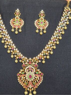 Gold-Tone Pink & Green Pendant Necklace Set - Women Jewelry